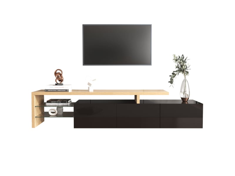  Meuble tv moderne - élégance raffinée, espace de rangement pratique, noir brillant, aspect bois, étagères en verre, éclairage led  - Conforama A