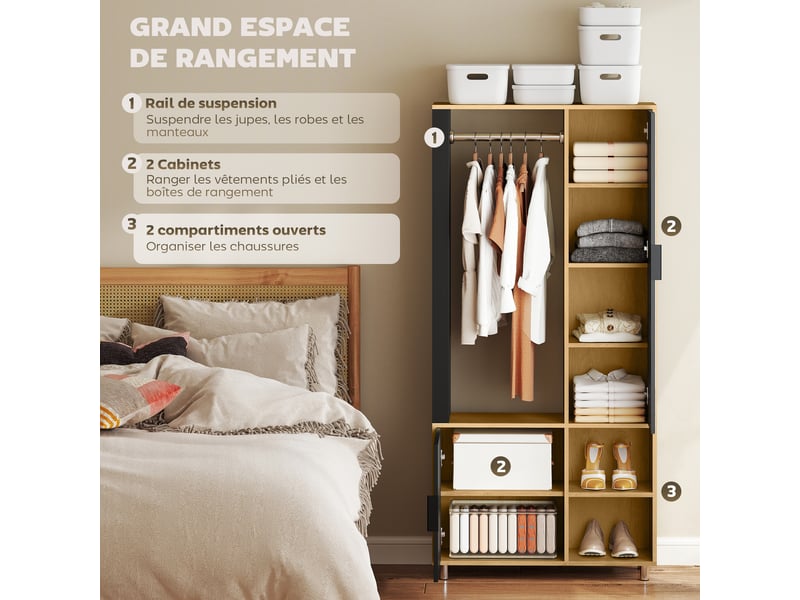  Armoire chambre penderie avec miroir, compartiments ouverts, placard et tringle de suspension, 80 x 30 x 170 cm, naturel  - Conforama E