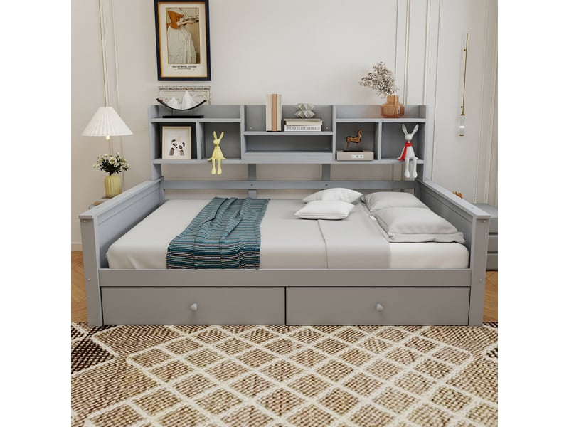Lit banquette 90 × 200 cm 1 place avec 2 tiroirs de rangement et étagères latérales, sans matelas, gris - Conforama B