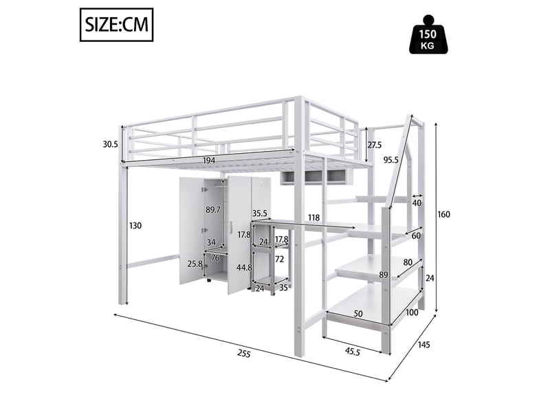  Lit mezzanine 140*200cm, blanc, sans matelas, armoire, étagères, bureau, échelle rangement  - Conforama B