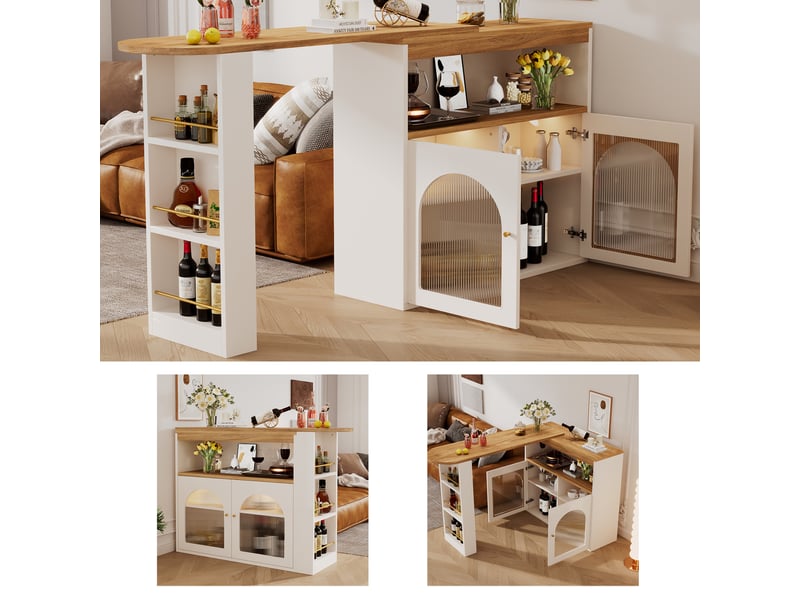  Table de bar extensible 138-193x39x105cm avec bande led 1m couleur réglable blanc rangement pour cuisine salle à manger  - Conforama E