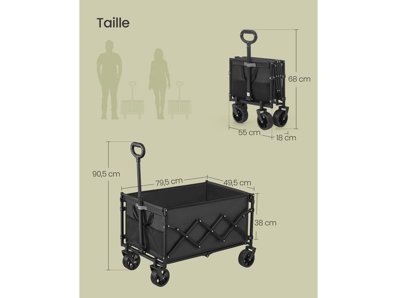  Chariot de transport pliable extérieur 49,5 x 79,5 x 90,5 cm charge 150 kg usage jardin style pratique en acier noir 12_0013053  - Conforama B