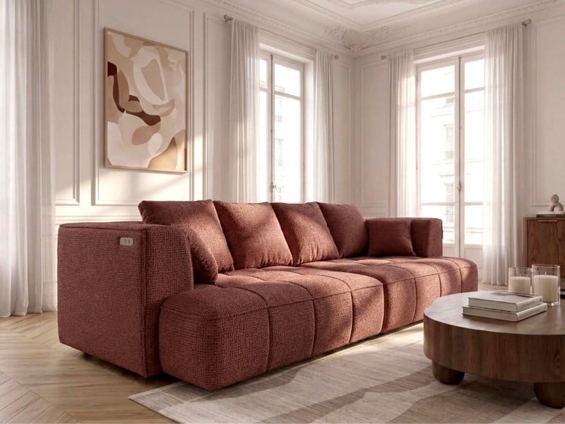  Bobochic canapé droit convertible double avance-recule électrique clovis tissu lisse rouge CLOVIS - Conforama D