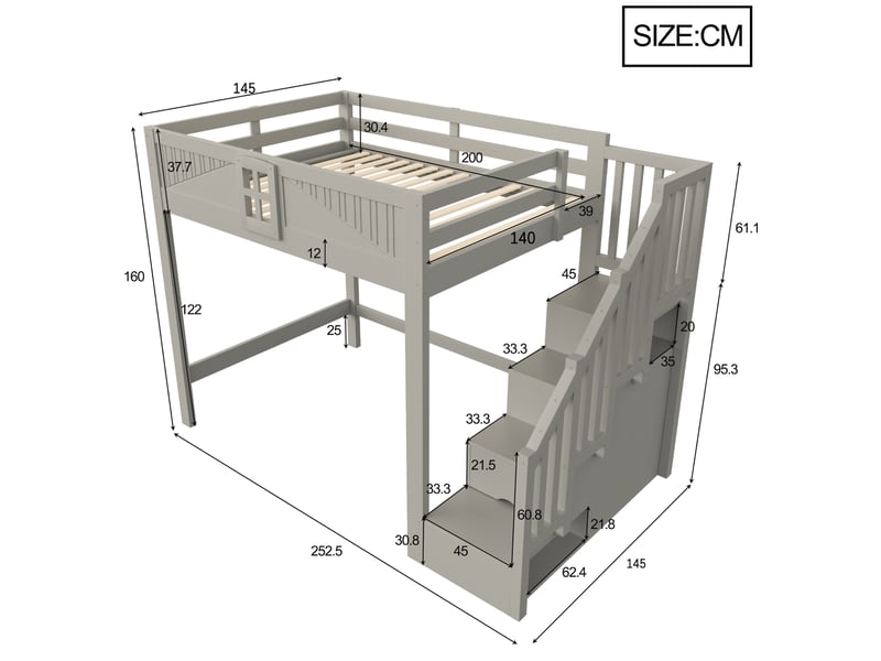 Lit mezzanine 140 × 200 cm 2 places avec escalier de rangement et barrières, sans matelas, en bois, gris - Conforama D