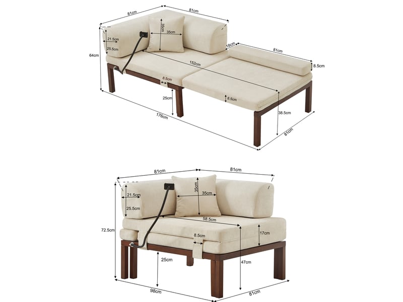  Canapé convertible pliant 1 place avec lit coulissant et dossier à coussins en bois et velours beige  - Conforama C