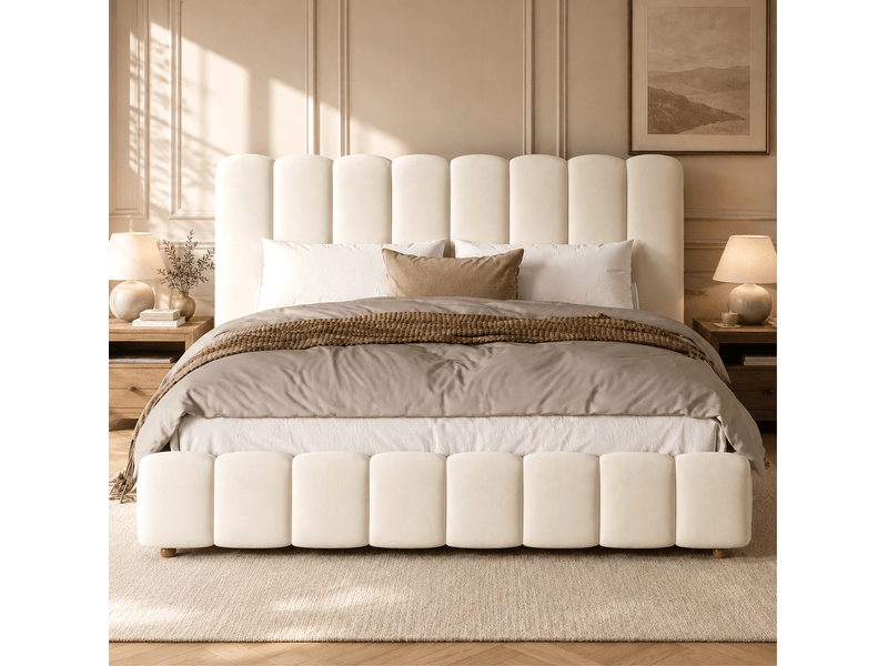  Lit double coffre hydraulique 180 x 200 cm avec sommier à lattes, velours beige  - Conforama D