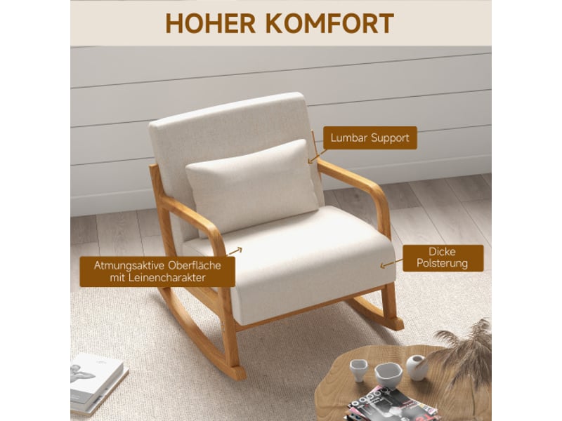  Fauteuil à bascule crème rembourré avec cadre en bois et accoudoirs, pour salon et chambre  - Conforama B