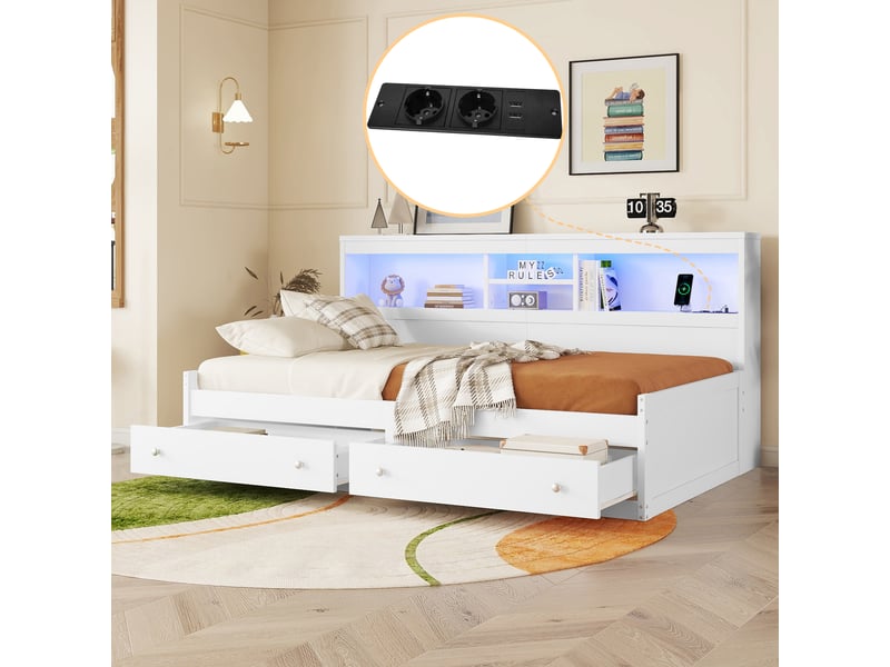  Lit banquette 90x200 cm avec tiroirs et éclairage led - canapé lit blanc avec prises usb intégrées  - Conforama W