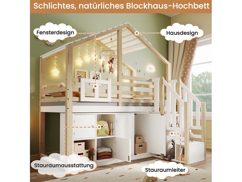  Lit, 90x200 cm, sommier, toit en pente, lit mezzanine, 4 portes, matelas non inclus, bois, coloris blanc et naturel  - Conforama D