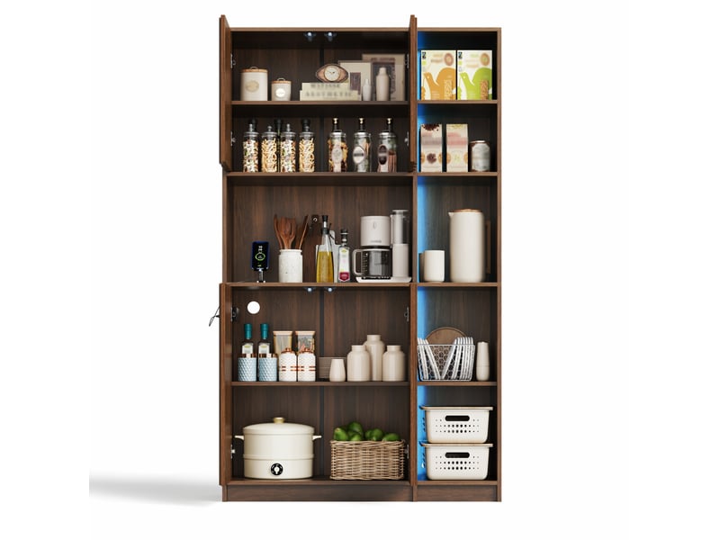  Buffet de cuisine haut led avec prises, 2 portes et niches ouvertes, pour cuisine, noyer, 105 × 40 × 180 cm  - Conforama A