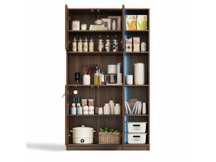 Buffet de cuisine haut led avec prises, 2 portes et niches ouvertes, pour cuisine, noyer, 105 × 40 × 180 cm