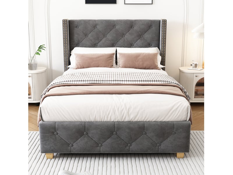  Modenvie lit 1 place capitonné 90x200 cm - velours, tête de lit à clous, sommier inclus, sans matelas - gris  - Conforama D