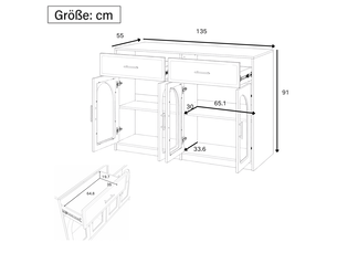 Îlot de cuisine et buffet de rangement - 135x55x90 cm blanc et bois naturel - avec éclairage led, tiroirs et portes transparentes