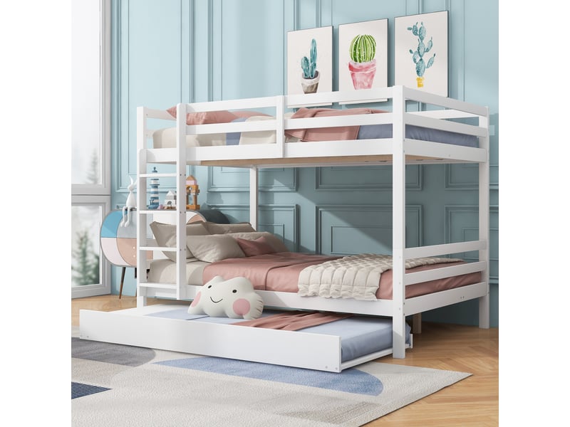  Lit superposé 140x200 cm en bois massif, lit enfant avec lit gigogne et escalier sécurisé, lit superposé blanc pour 3 personnes.  - Conforama R