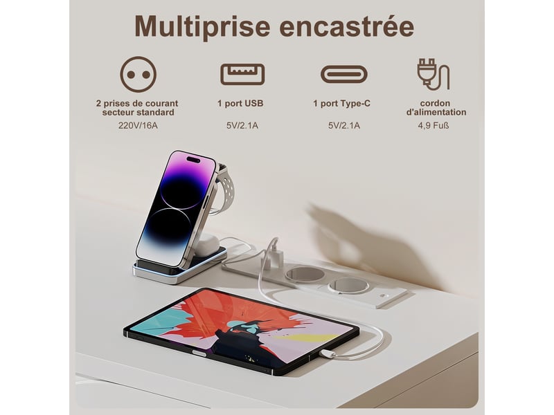  Meuble tv blanc 175 cm style nordique avec 4 portes, multiprise usb-c intégrée, étagères réglables, pour tv jusqu’à 80 pouces  - Conforama R