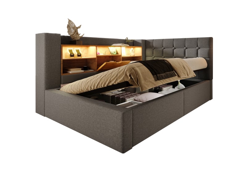  Lit coffre 90x200 cm, avec éclairage led, rangements cachés, tête de lit réversible, lin gris, ports usb, sans matelas  - Conforama A