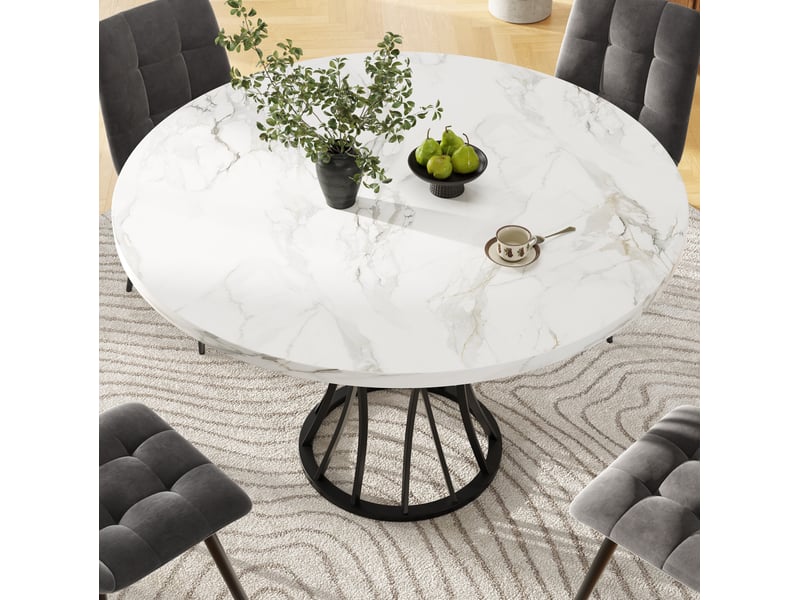 Table à manger ronde 80 x 80 x 76 cm, plateau mdf effet marbre et piètement noir - Conforama D