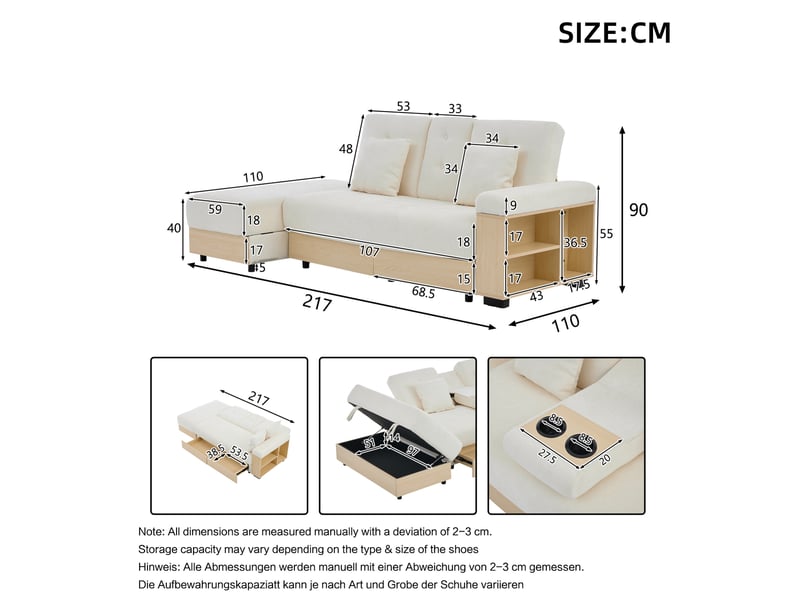  Canapé convertible modenvie 3 places 217 x 110 x 90 cm rangement chenille beige dossier réglable  - Conforama C
