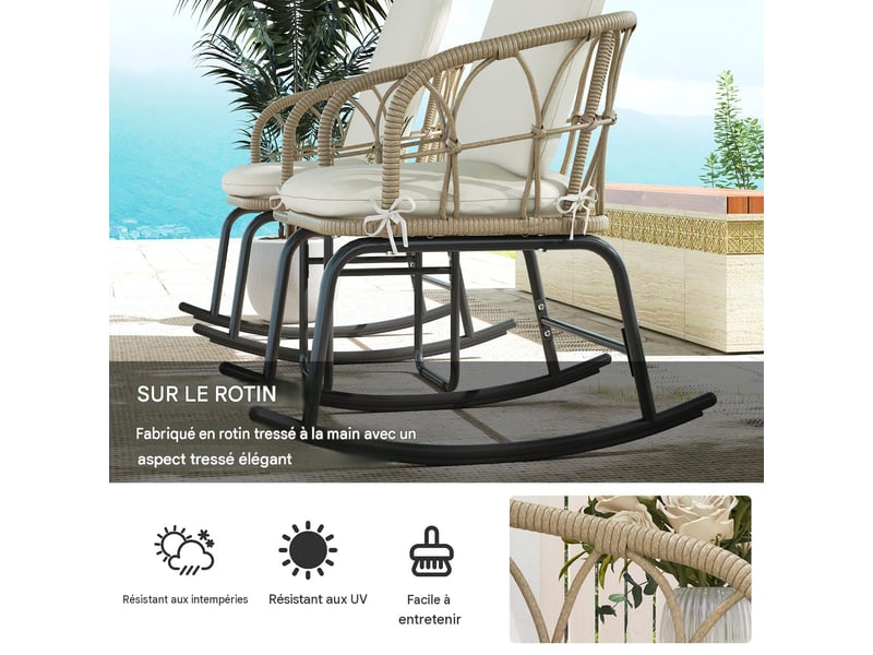  Salon de jardin 3 pièces 2 fauteuils à bascule et table en résine tressée crème  - Conforama E