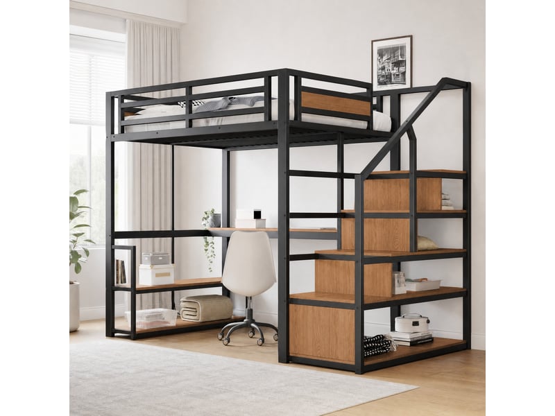  Lit mezzanine 140x200 cm avec escalier de rangement, étagères et bureau noir  - Conforama B