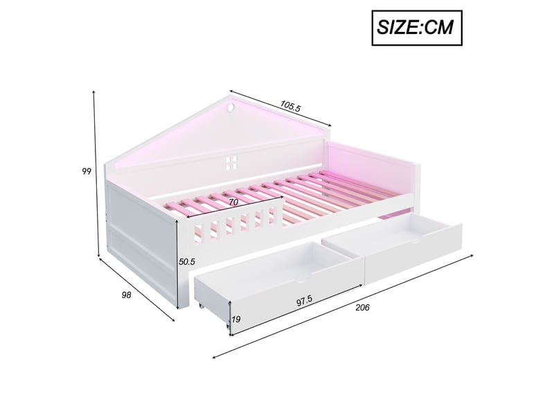  Lit enfant simple 90x200 cm, structure bois, coloris blanc, sommier, 2 tiroirs de rangement, bande éclairage led, sans matelas  - Conforama C