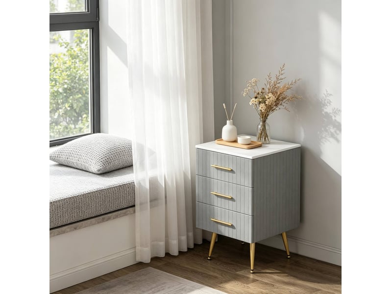  Table de chevet avec 3 tiroirs sur pieds métalliques dorés, revêtement en velours gris, pour chambre, 40,5 × 41 × 62 cm  - Conforama C
