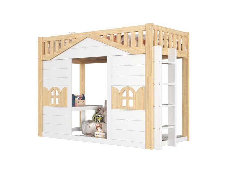 Lit cabane surélevé 90 × 200 cm blanc et naturel avec échelle réversible IKSETERA TRADING LTD - Conforama A
