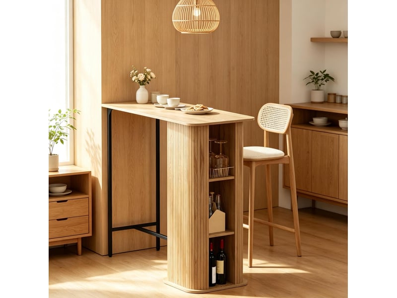 Table de bar avec prises intégrées, 3 niches et pieds métalliques réglables, bois naturel noir 112 × 50 × 106 cm - Conforama B
