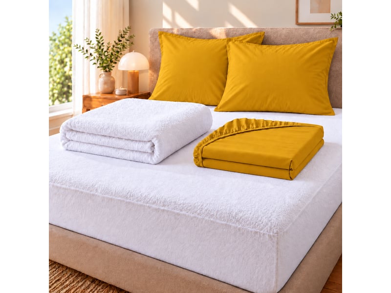  Pack literie protège matelas 140x190 imperméable + drap housse + 2 taies curry  - Conforama A
