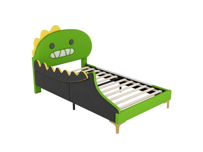 Lit enfant dinosaure vert 90x200 cm au sol en similicuir pu rembourré - Conforama D