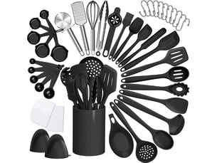 Set de 43 ustensiles de cuisine,meulva,37x15x15 cm,avec support,silicone,noir