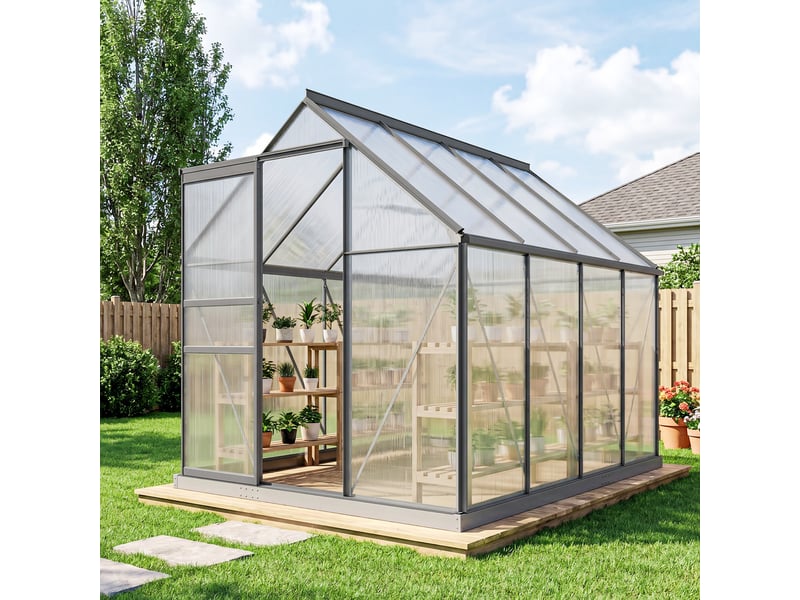  Serre en polycarbonate et aluminium avec fenêtre ouvrante et porte coulissante, 190 x 253 x 199 cm, gris foncé  - Conforama C