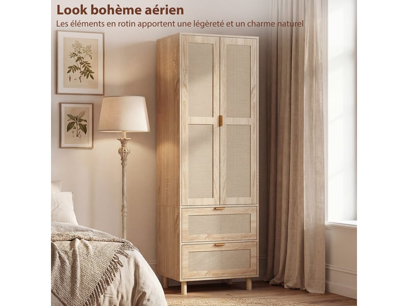  Armoire chambre penderie avec 2 portes en rotin, 2 tiroirs et barre de suspension, 63 x 47 x 185 cm, bois naturel  - Conforama R