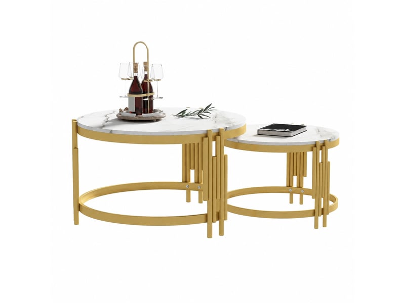  Ensemble de 2 tables basses rondes gigognes effet marbre blanc et métal doré, ø 71,5 et 51,5 cm  - Conforama A