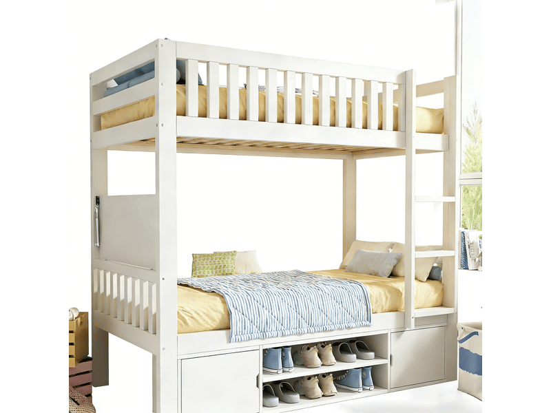 Lit superposé enfant 90×200cm lit double avec avec tablette rabattable et range-chaussures intégré sommier à lattes blanc BUBBLY - Conforama A