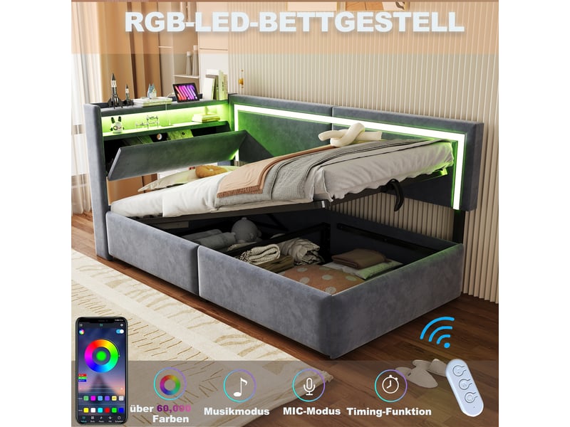 Canapé-lit rembourré 90x200 cm avec led et port usb, lit simple avec tête de lit en velours, gris foncé, lit enfant à vérin  - Conforama R