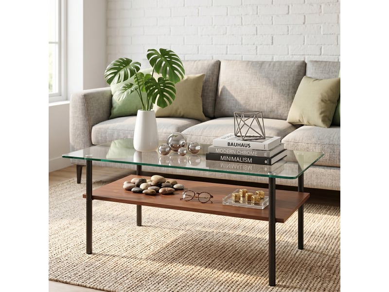  Table basse 2 niveaux avec rangement - lpospi - plateau en verre trempé, mdf et métal noir et marron  - Conforama C