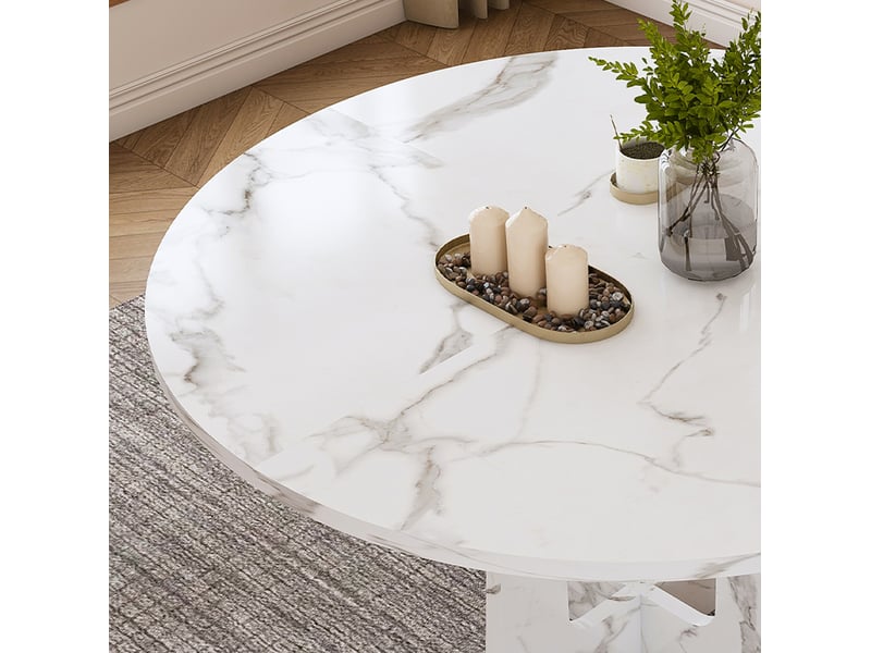 Table à manger ronde, 120x76 cm, pour 4 à 6 personnes décor marbre, repas, salle à manger, pratique, mdf, coloris blanc - Conforama E