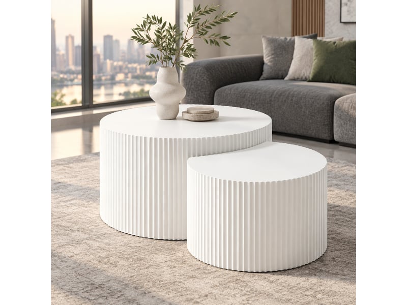  Tables basses gigognes 2 pièces en mdf blanc mat – design demi-lune ondulé – 80 x 80 x 40 cm  - Conforama C