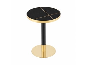 Table de salle à manger ronde avec pied central, plateau effet marbre et bord doré, en mdf et métal noir, ø 60 × 73,7 cm