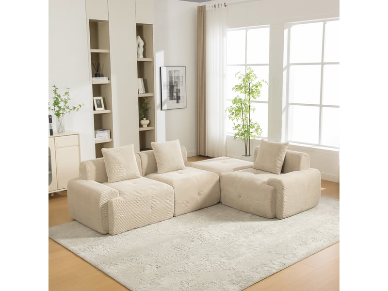  Canapé d'angle modulable 3 places en chenille kaki clair, 266 x 176 x 75 cm, sans montage, livré compressé, coussins inclus, pour le salon, mousse 30d CARDUME ESTIVAL - Conforama D