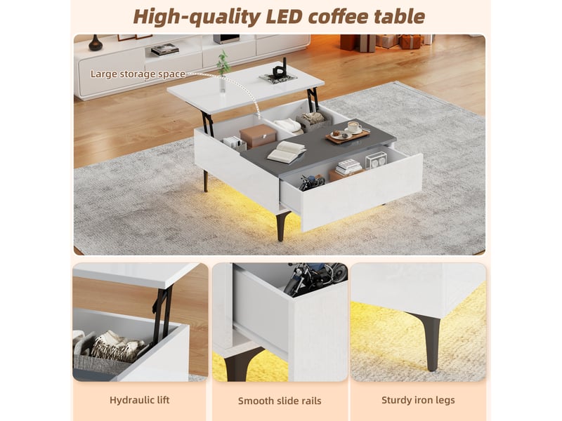  Table basse relevable 70x70x35 cm, hauteur réglable 48,5 cm, rangement dissimulé, tiroir invisible, mdf, blanc et gris  - Conforama D