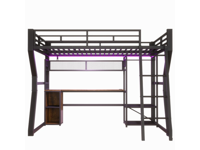 Lit mezzanine, 140 x 200 cm, avec bande lumineuse, prise électrique, espace penderie, bureau,noir - Conforama A