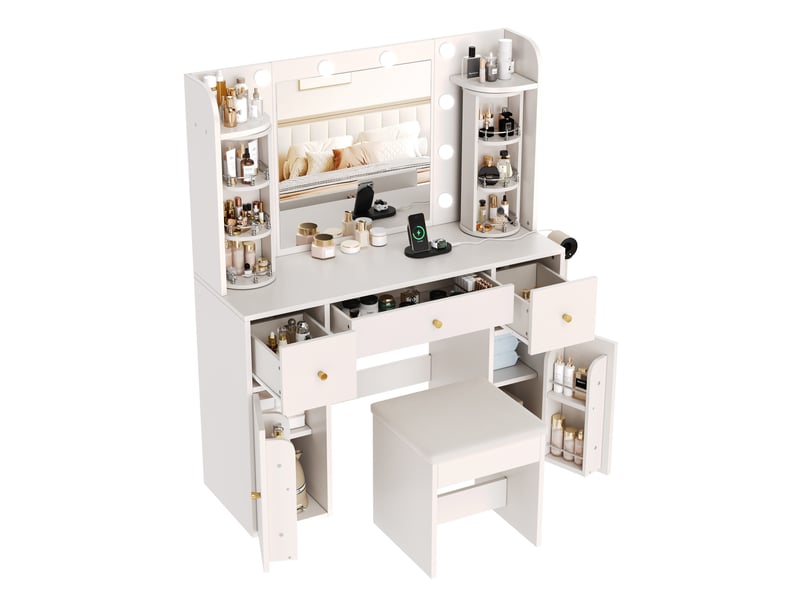  Coiffeuse avec miroir led réglable, usb-c, tabourets, 115x40x142 cm blanche  - Conforama A