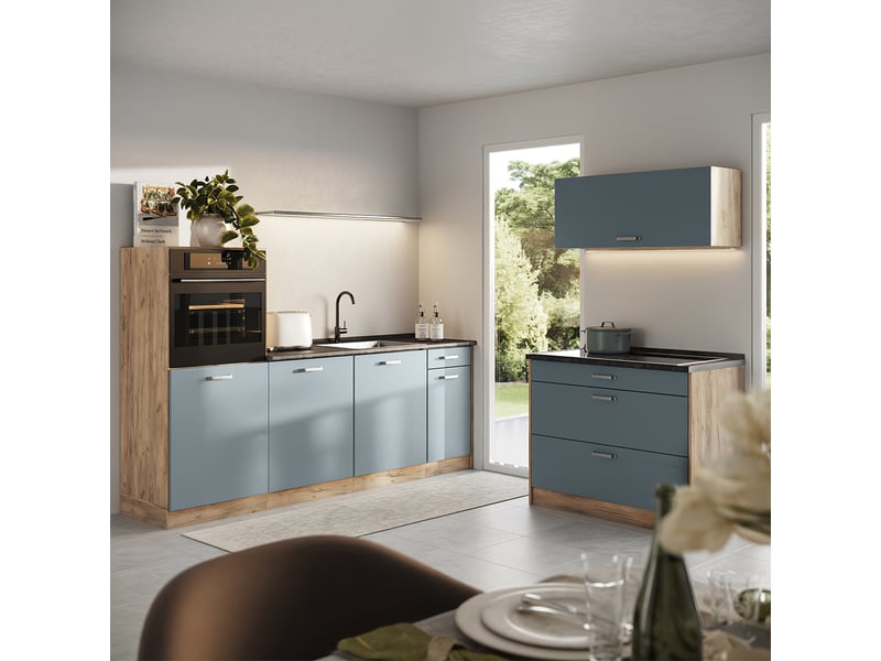 Vicco cuisine, bleu-grischêne doré, 220cm plan de travail anthracite - Conforama C
