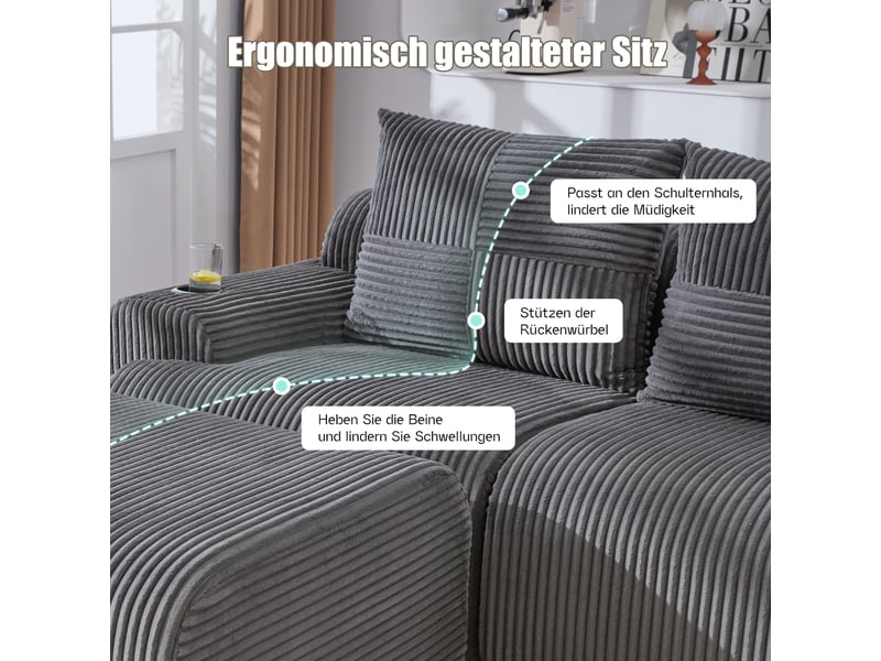  Canapé modulable, canapé de salon – gris foncé, porte-gobelets, en velours tricoté  - Conforama E
