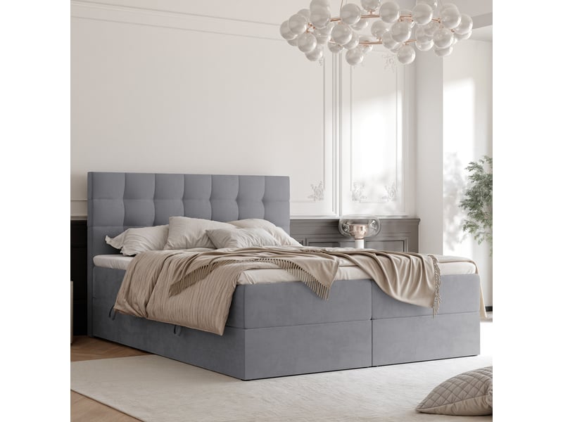  Lit adulte grand - 180x200 cm - matelas ressorts + surmatelas - coffre de rangement - velours dense hydrofuge gris clair GRAND - Conforama B