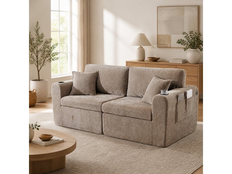  Canapé droit 2 places avec ports usb, poches latérales et porte-gobelets  - coussins chenille marron  - Conforama C