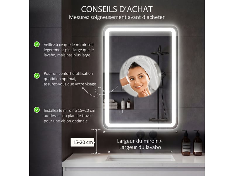  Miroir de salle de bain rectangulaire led fonction anti-buée luminosité réglable fonction mémoire argent 70 x 90 cm  - Conforama A