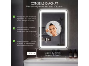Miroir de salle de bain rectangulaire led fonction anti-buée luminosité réglable fonction mémoire argent 70 x 90 cm